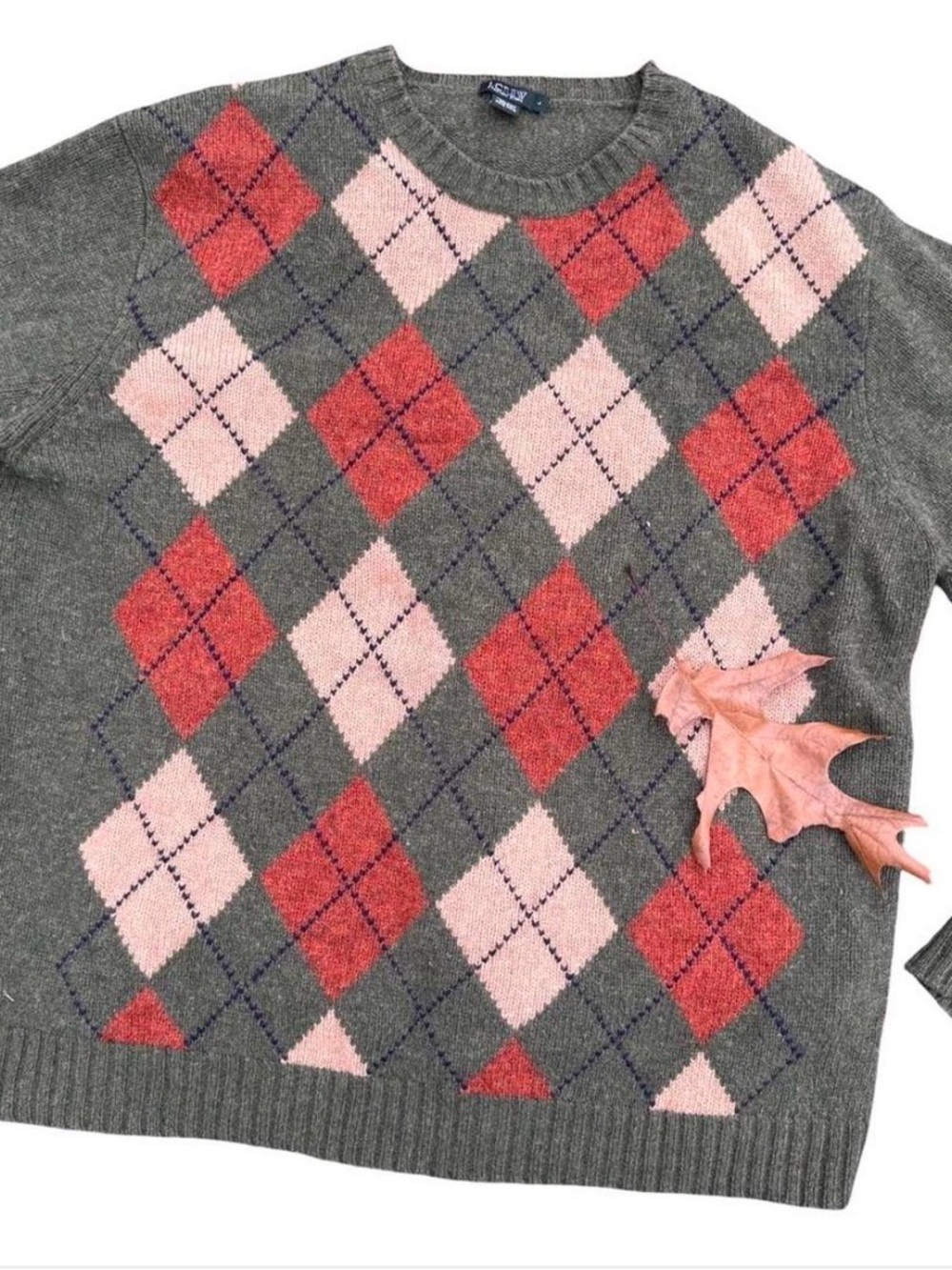 J. Crew Gray Argyle Crewneck Sweater with Pink & Red Diamonds